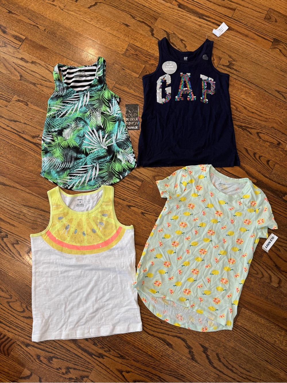 NWT New Lot 4 Tees Tank Tops CARTERS HURLEY GAP OLD NAVY Lemons Sequins M 8